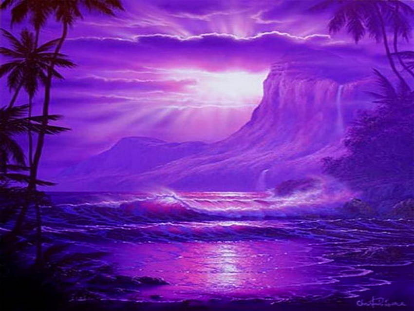 Malam lavender, cahaya bulan, lavender, awan, pohon, tebing, air, pantulan, malam Wallpaper HD