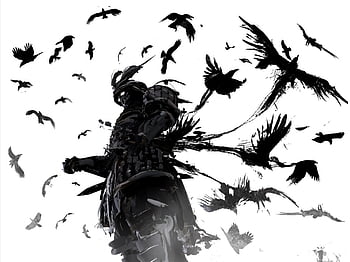 Japanese Demon Samurai Armor Standing Woods Surrounded Flock Crows ...