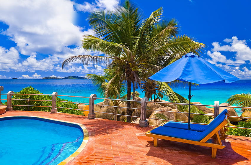 Piękne miejsce, morze, lato, palmy, plaża Tapeta HD