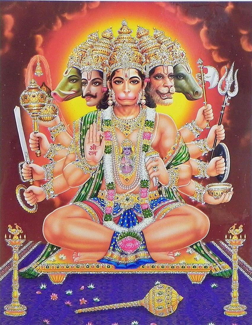 Panchamukhi Hanuman - (ラミネート加工グリッターポスター)。 ハヌマーン、パンチャムカ ハヌマーン HD電話の壁紙