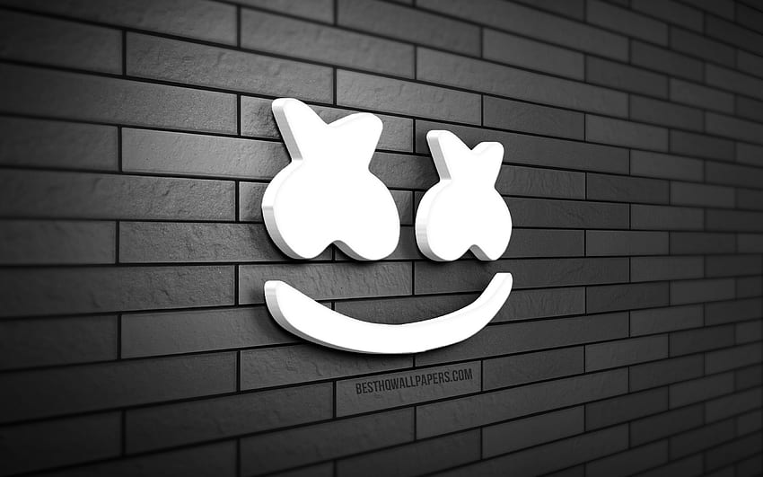Logo 3D Marshmello,, Christopher Comstock, brickwall abu-abu, kreatif, bintang musik, logo Marshmello, DJ Amerika, seni 3D, logo DJ Marshmello, DJ Marshmello Wallpaper HD