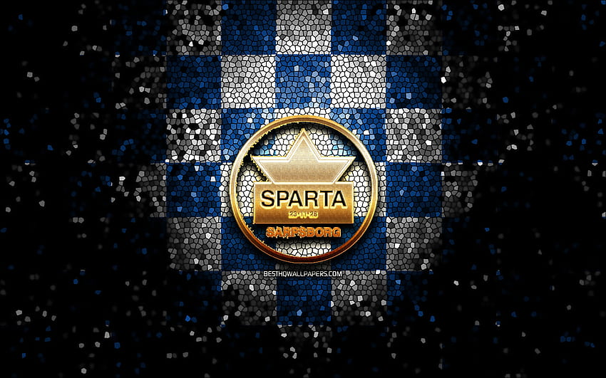 HC Sparta Sarpsborg, glitter logo, Fjordkraft-ligaen, blue white checkered background, hockey, Eliteserien, norwegian hockey team, Sparta Sarpsborg logo, mosaic art, Sparta Sarpsborg, Norway, Sparta Sarpsborg Ishockey HD wallpaper