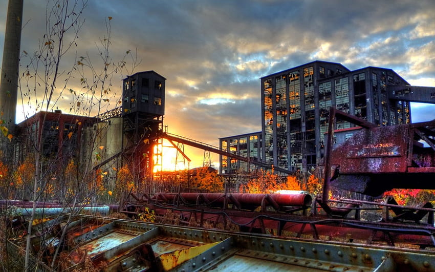abandoned heavy industry r, industry, factory, abandoned, r, sunset HD wallpaper