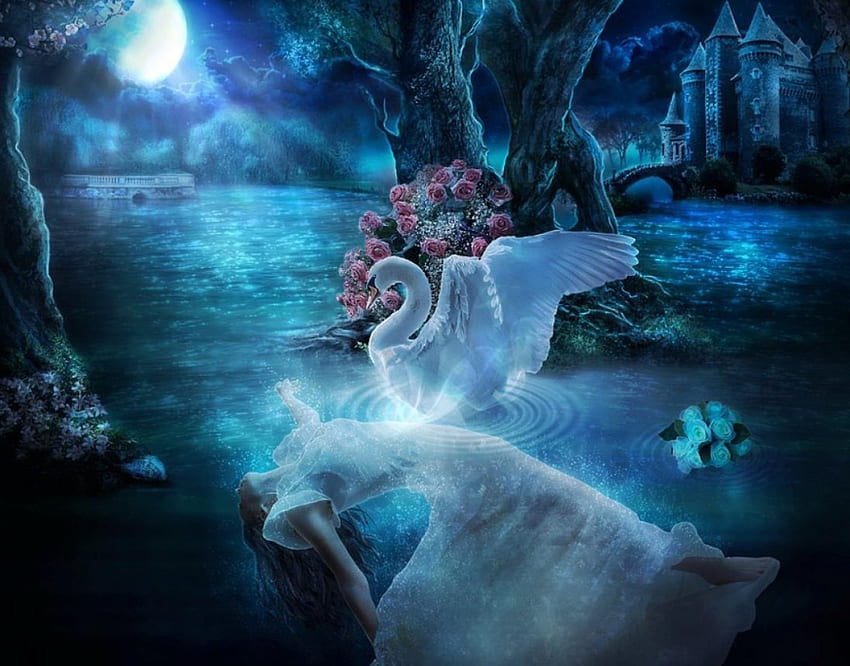 Дама-лебед, нощ, син, тъмен замък, земя, езеро, жена, дама, душа, тъмнина, лунна светлина, фантазия, магически, лебед, фантастично изкуство, вода, езерце HD тапет