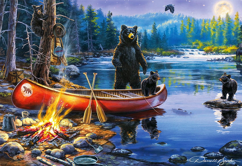 Campfire Prowlers, artwork, bears, boat, river, painting, trees, campfire HD wallpaper