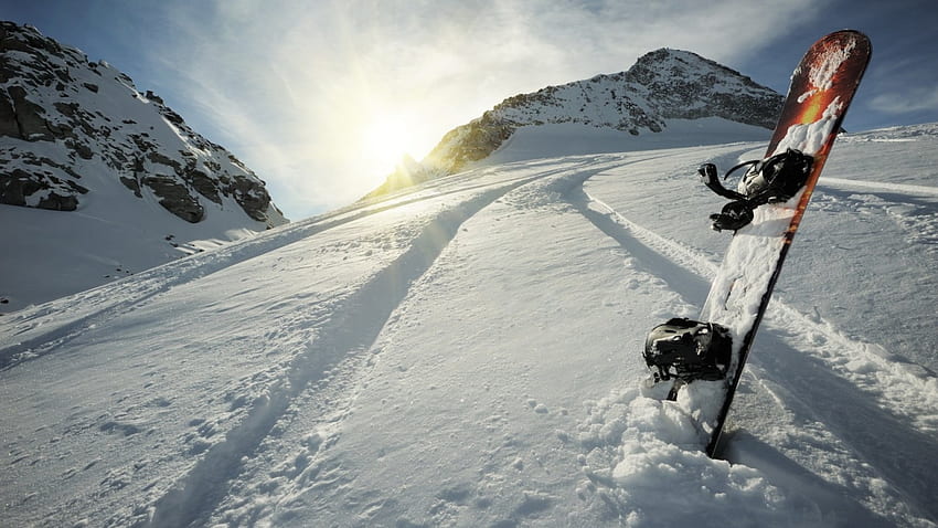 where is the snowboarder?, snowboard, snow, sunrise, mountain HD wallpaper