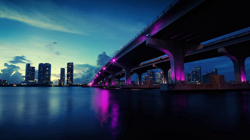 Kota, Sungai, Lampu, Pencakar Langit, Jembatan, Malam Wallpaper HD