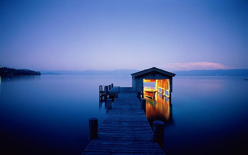 Night, lake, dock, house, boat, lights HD wallpaper