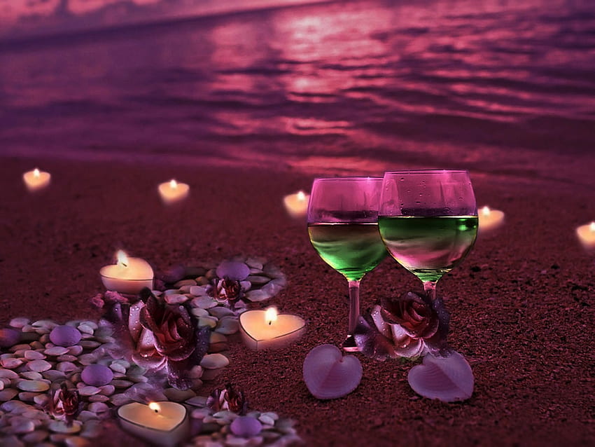 вечер, рози, лилаво, очила, залез, вино, сърце, романтика, пясък, лилаво, море, лято, нощ, плочки, свещи / и мобилен фон HD тапет