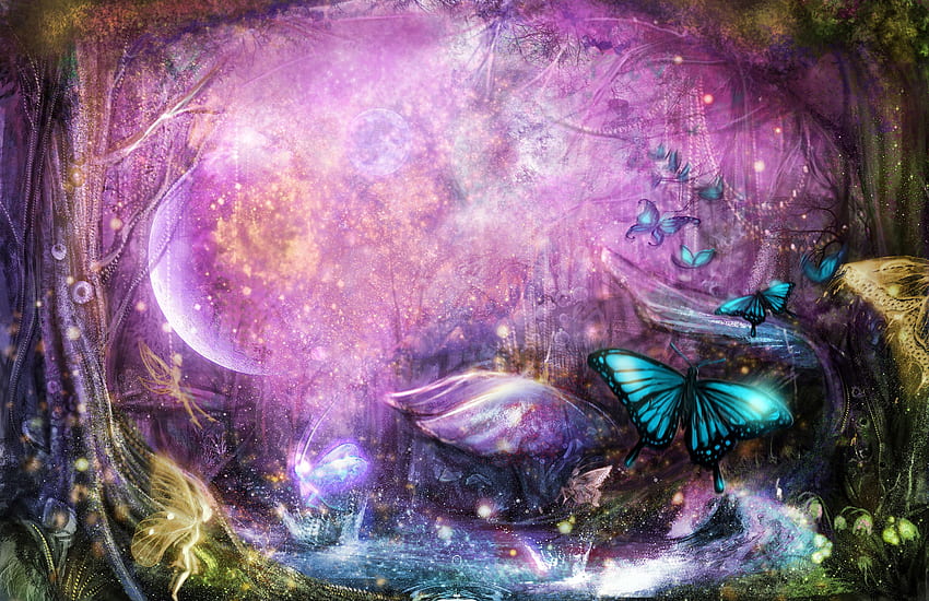 魅惑の妖精の森 - サングルデ作。 妖精、妖精の背景、ポスター アート プリント 高画質の壁紙