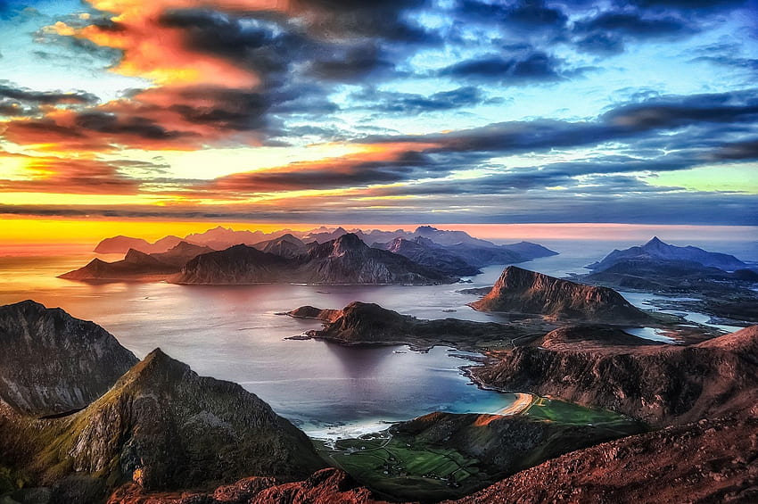 自然、風景、夕日、山、海、ビーチ、雲、空、ロフォーテン諸島、夏、ノルウェー、モバイル背景 高画質の壁紙