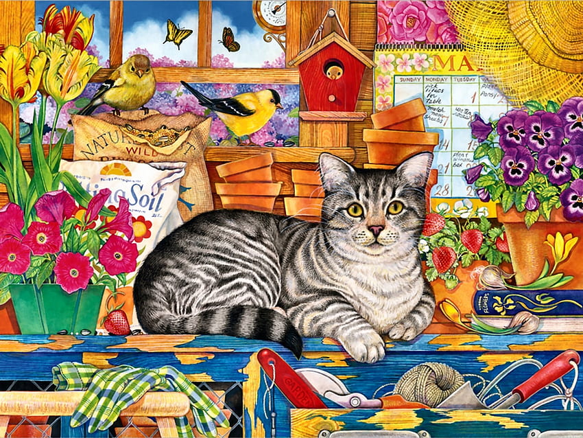 Percy the Gardener F1, animal, art, feline, cat, beautiful, gardener, pansies, artwork, butterflies, wide screen, painting, goldfinch, flowers, pet HD wallpaper