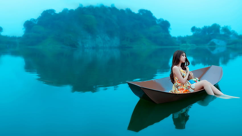 Asian, Barefoot, Boat, Brunette, Dress, Long Hair, Nature, Sitting, Water, Woman. Mocah HD wallpaper