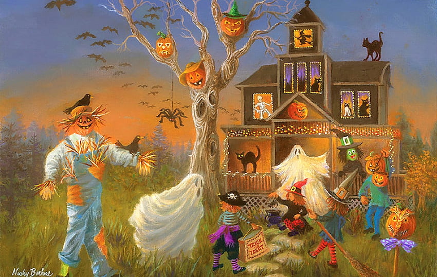 Halloween seram, orang-orangan sawah, atraksi dalam mimpi, kucing, seram, lukisan, rumah, labu, cinta empat musim, halloween, liburan, burung gagak, musim gugur, musim gugur Wallpaper HD
