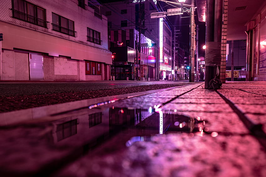 เมือง กลางคืน ส่องแสง แสง นีออน ถนน แอ่งน้ำ วอลล์เปเปอร์ HD