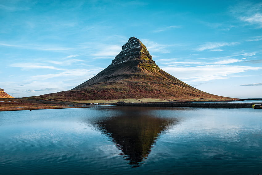 Nature, Kirkjufell, cliff, lake, reflections, Iceland HD wallpaper