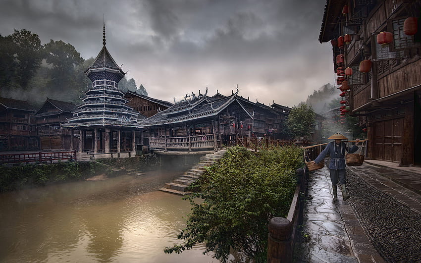 Dong Village Zhaoxing Ethnic Minority Village In The Center Of, Chinese Village HD wallpaper