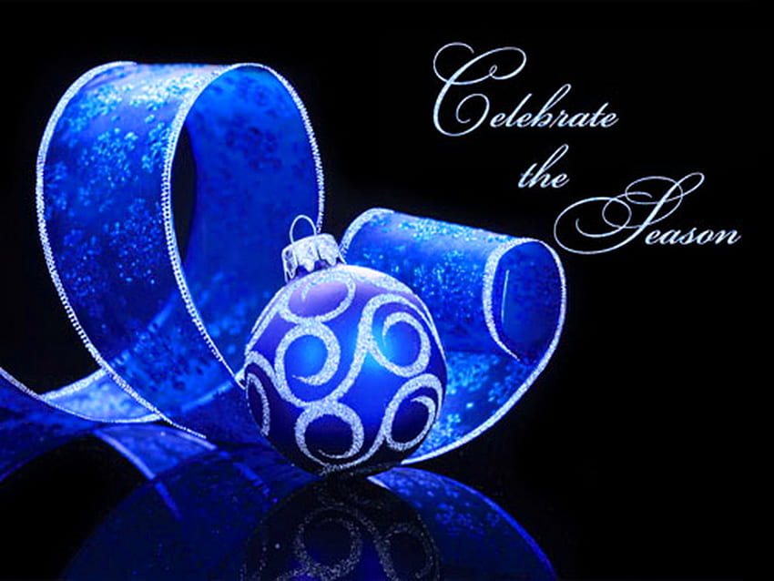 Celebrate the Season, blue, black, light, ribbon, christmas, ornament HD wallpaper