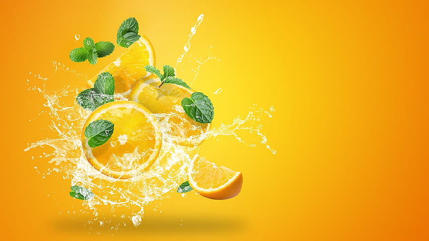 Fruta naranja Gotas Salpicaduras de agua Comida Coloreada fondo de pantalla