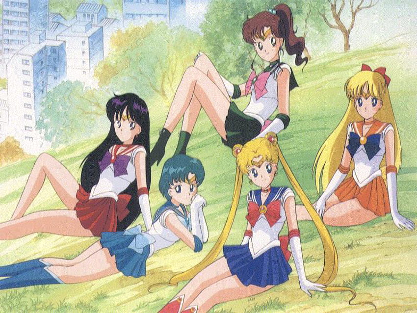 Sailor Moon Background, sailormoon, fofa, menina, árvore, parque, anime girl, anime, campo, grupo, construção, meninas, fêmea papel de parede HD