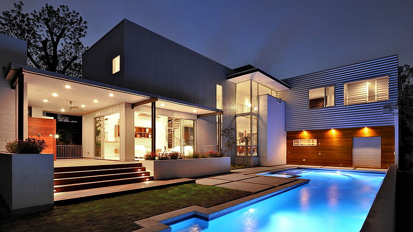 Dom, dwór, basen, nowoczesny, wnętrze, zaawansowana technologia, podwórko, dom Tapeta HD