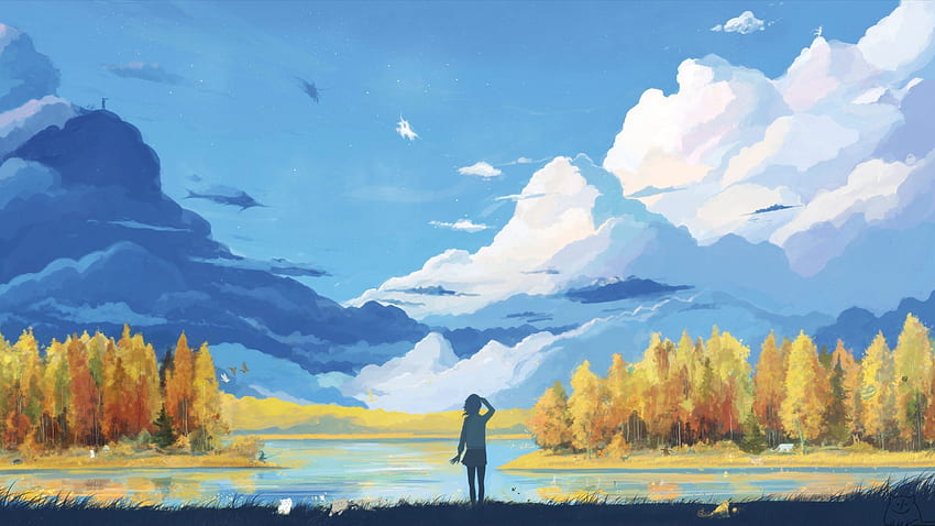 Anime-Landschaft, Mädchen, Berg, entspannende, entspannende Landschaft HD-Hintergrundbild