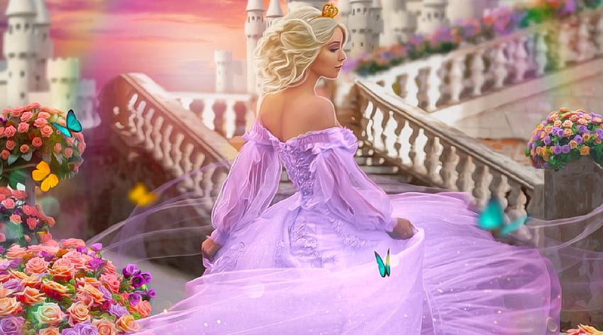 Lady in Lilac, pastel, art, stairway, , girl, beautiful, woman, digital, fantasy, flowers, princess, lilac HD wallpaper