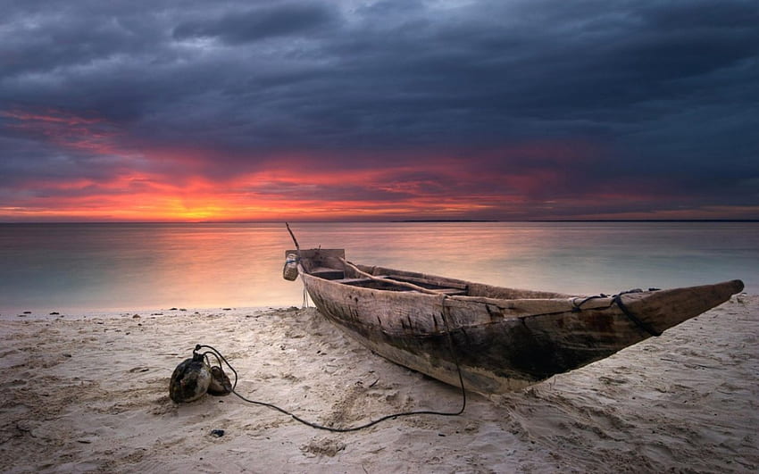 Holzboot, Wolke, Boot, Küste, Sand, Meer, Strände, Himmel HD-Hintergrundbild