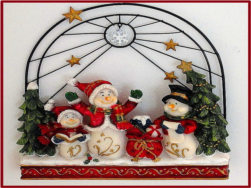 Snowmen trio, song, christmas, trees, decorations, snowmen, stars HD wallpaper