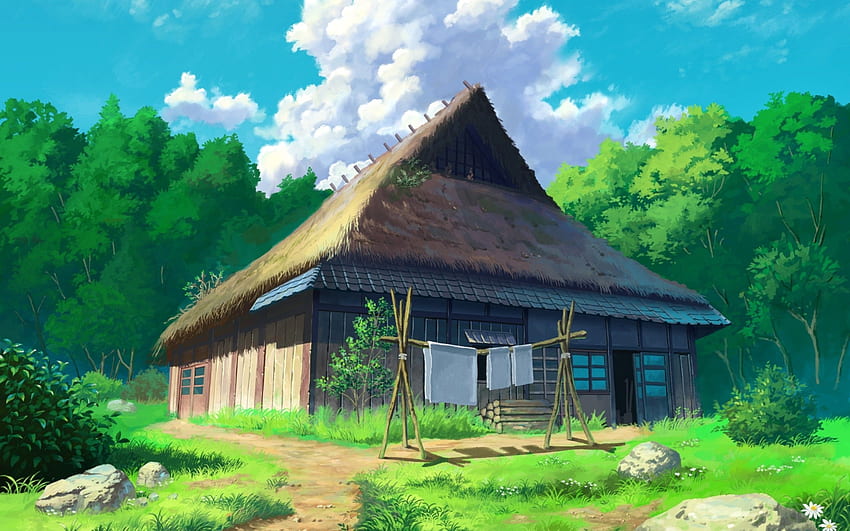 Anime House, foresta, nuvole, scenico, erba Sfondo HD