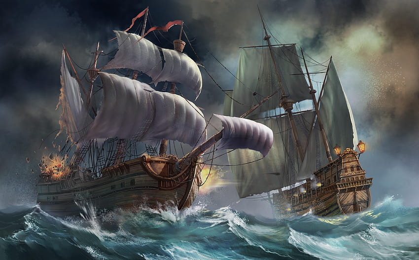 ファンタジー, 船, 海, 爆発, 嵐 高画質の壁紙