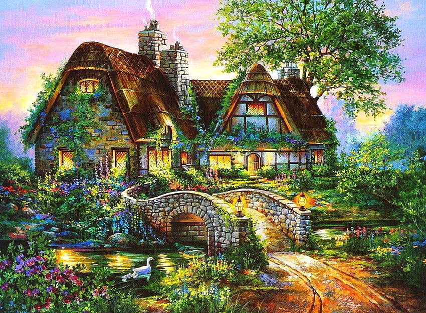 Other, Lovely, Cottage, Colorful, Fields, Light, Tree, Amazing, Flowers, Colors, Bridge, Splendid, Nature, Beautiful, Pretty, House, V,. The HD wallpaper
