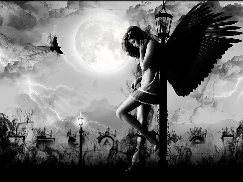 Sad Angel, Black and White Angel HD wallpaper