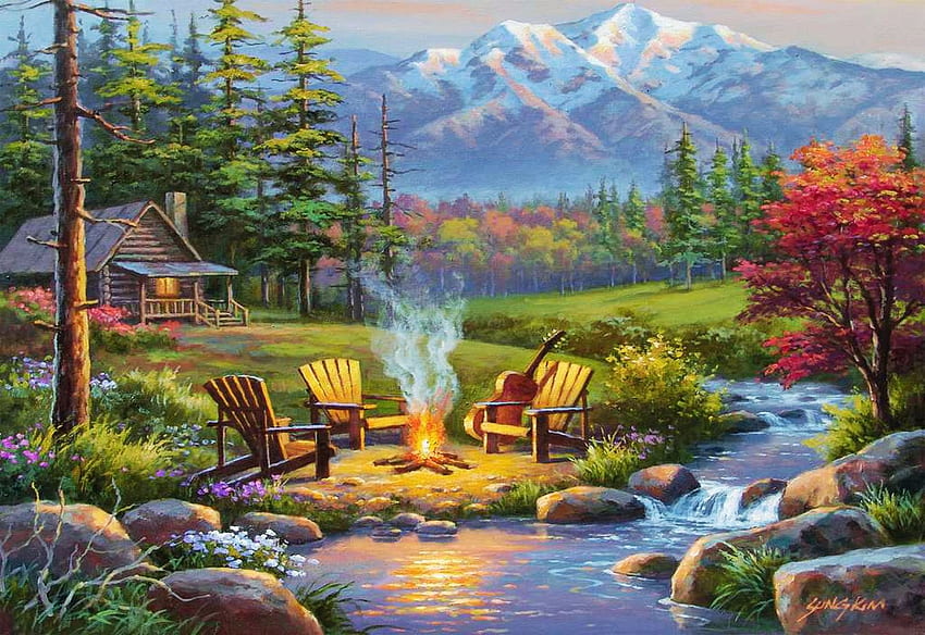 Przy kominku, krzesła, grafika, rzeka, , drzewa, ognisko, góry, kamienie, chata Tapeta HD