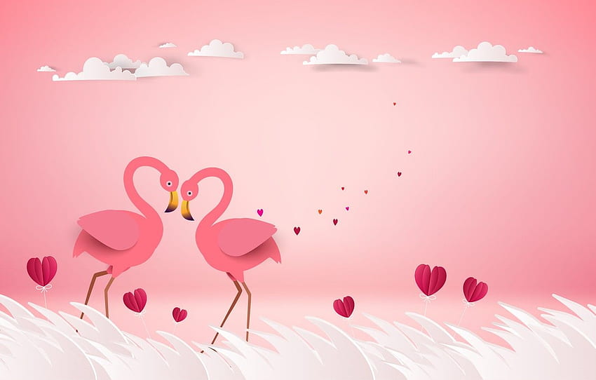 aşk, kuşlar, işleme, çift, kalpler, pembe, Karikatür Flamingo HD duvar kağıdı