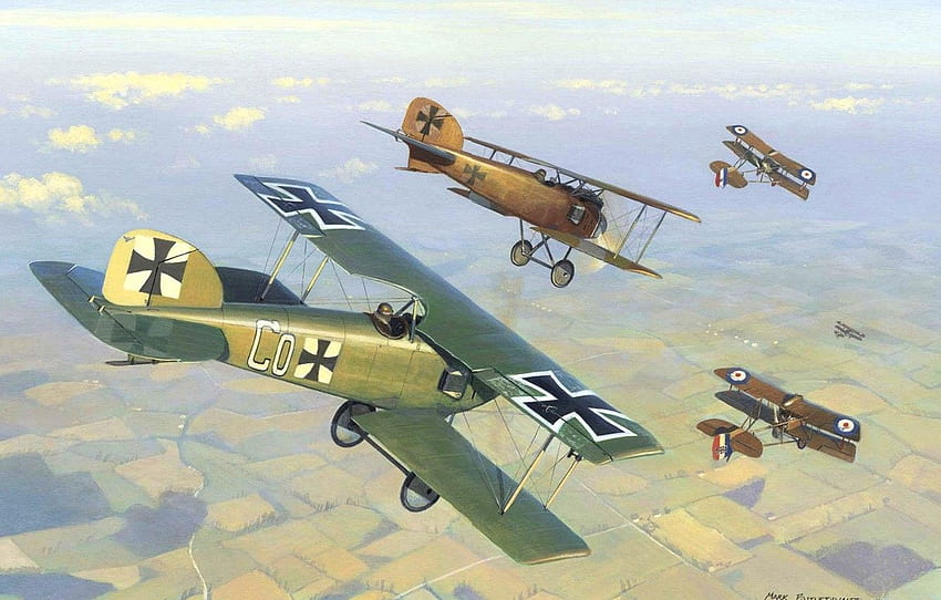 ท้องฟ้า ตัวเลข ศิลปะ ด้านหน้า เครื่องบิน อังกฤษ อุตลุด เยอรมัน อัลบาทรอส WW1 D ID II ตะวันตก 1916год DH - สำหรับ หมวด авиация เครื่องบิน WW1 วอลล์เปเปอร์ HD