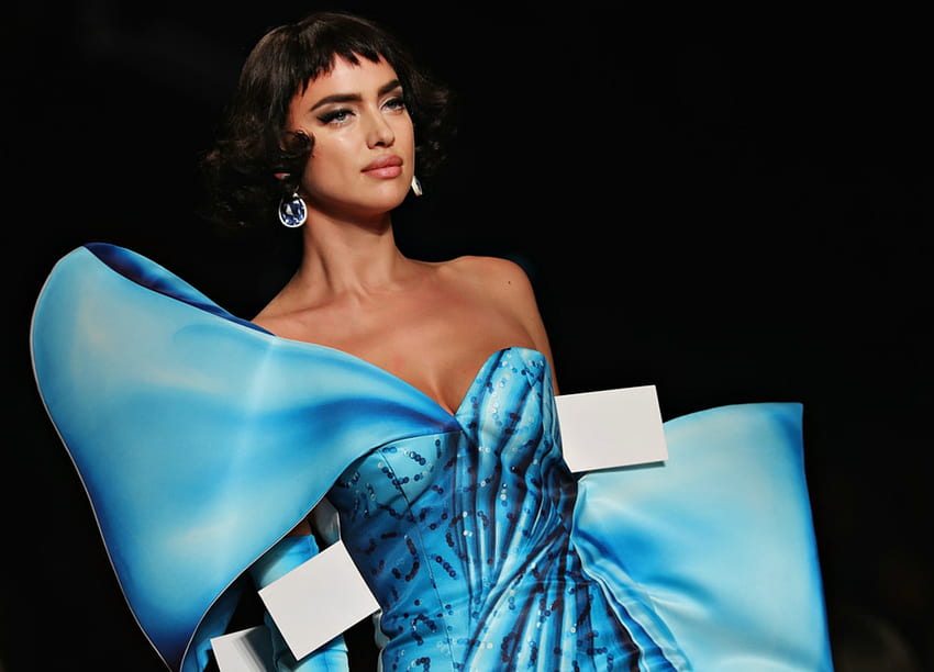 Irina Shayk, azul, moda, branco, preto, modelo, menina, mulher papel de parede HD