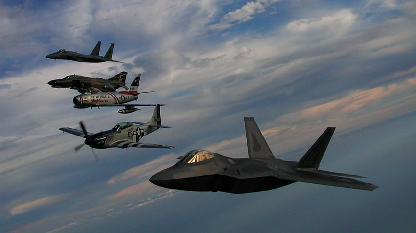 flight of fighter planes from WWII to future, flight, clouds, plaes, fighters HD wallpaper