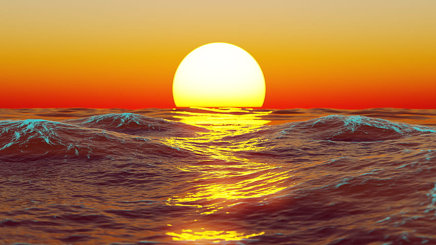 Pejzaż morski, zachód słońca, powierzchnia morza, sztuka cyfrowa Tapeta HD