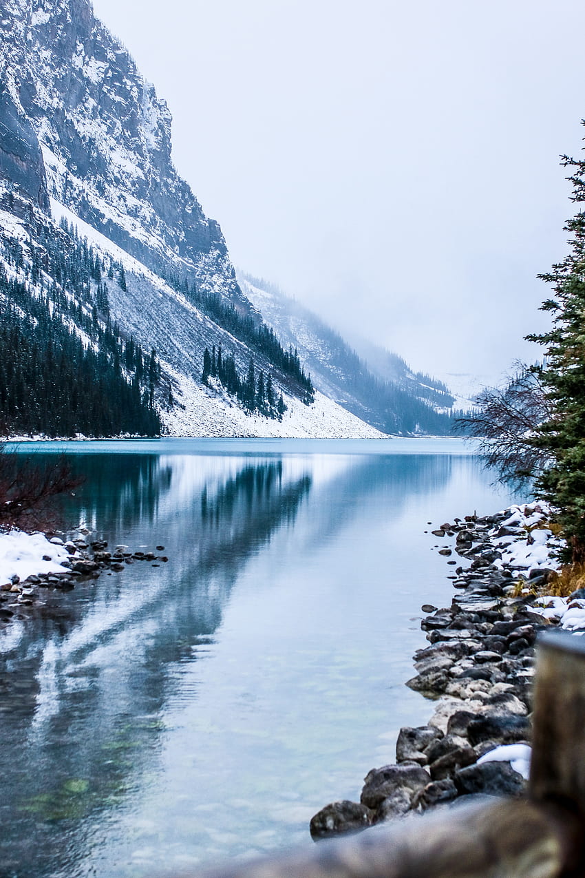 Природа, планина, езеро, Канада, мъгла, покрити със сняг, заснежени, планински пейзаж HD тапет за телефон