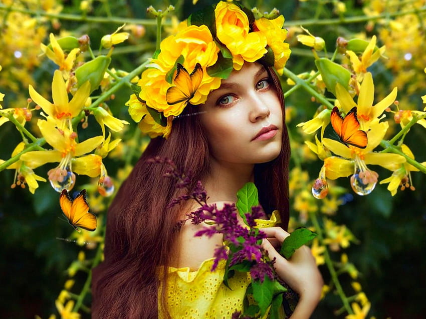 Sunny Yellow 11, colorful, black, vibrant, roses, girl, butterflies, brown, vivid, yellow, green, bright, bold, flowers HD wallpaper