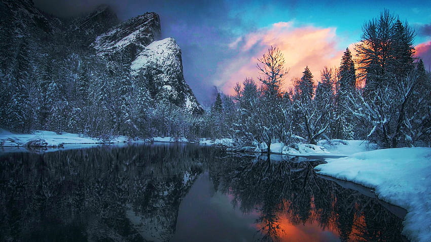 Merced River, Yosemite Valley, winter, california, snow, trees, landscape, clouds, usa, sunrise HD wallpaper