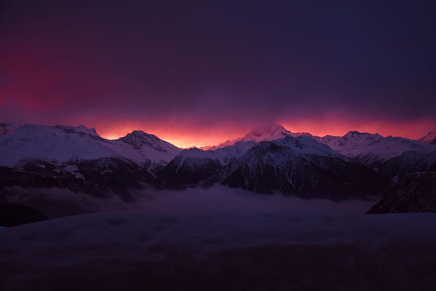Sunset, Nature, Sky, Mountains, Clouds, Dark, Fog, Snow Covered, Snowbound, Vertices HD wallpaper