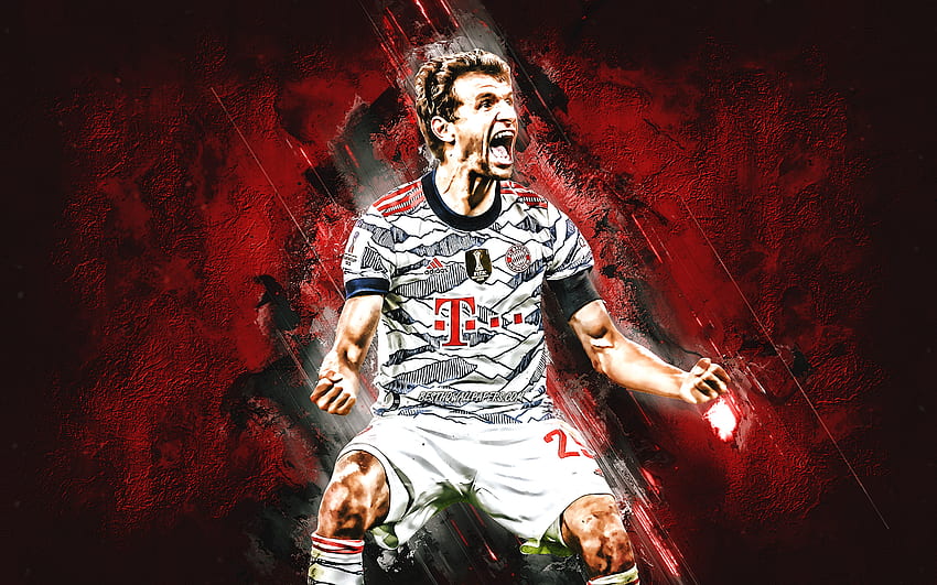 Thomas Muller, FC Bayern Munich, German footballer, red stone background, Thomas Muller art, football, Bundesliga HD wallpaper