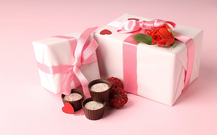 ハッピーバレンタインデー!、バレンタイン、甘い、ピンク、日、チョコレート、カード、ケーキ、ギフト、ボックス 高画質の壁紙