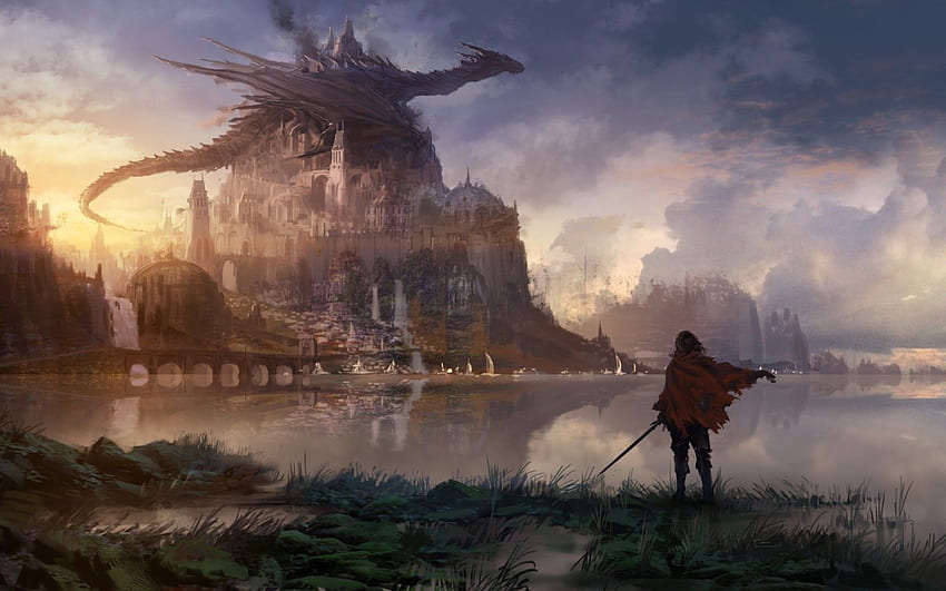 Dragon, Castle, Knight, Red Cape, Fantasy World, Painting for MacBook Pro 17 inch HD wallpaper
