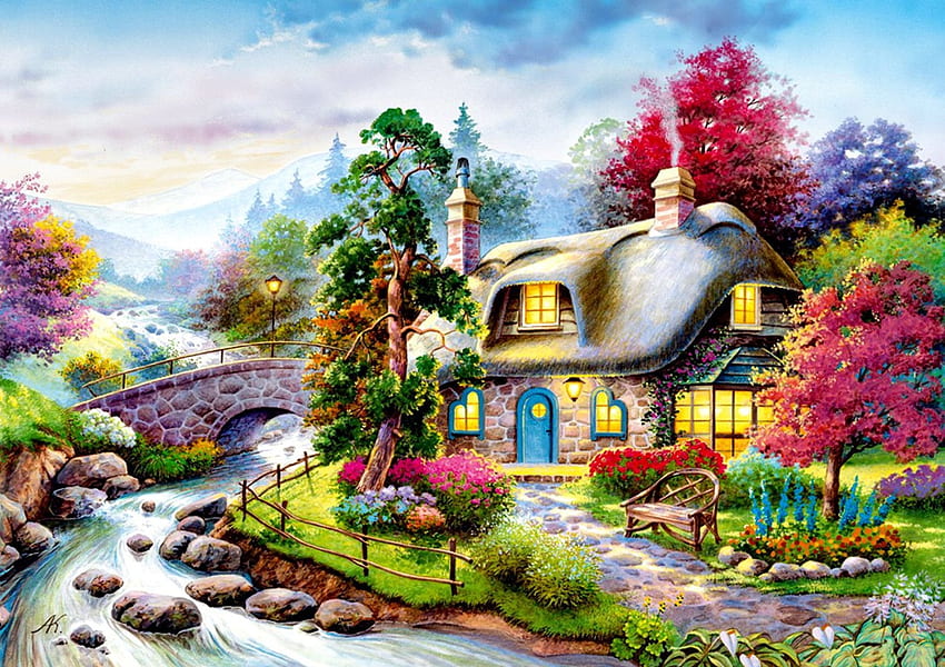River Cottage, creek, painting, house, trees, flowers, rocks HD wallpaper