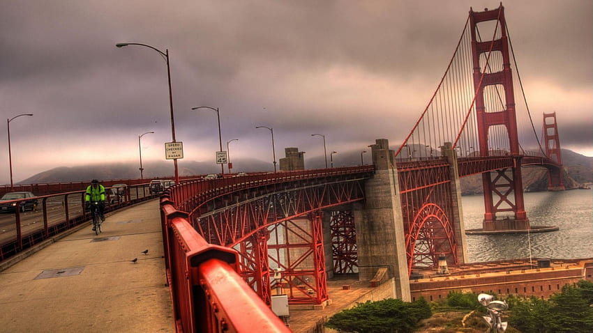 jembatan gerbang emas yang indah r, pengendara sepeda, teluk, awan, jembatan, r Wallpaper HD