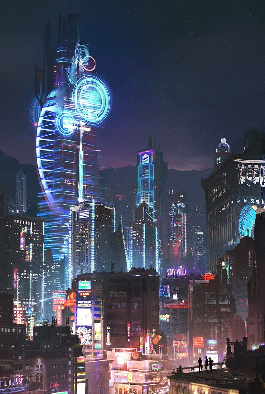 Futurystyczna ilustracja miasta, science fiction, cyberpunk, futurystyczne chińskie miasto Tapeta na telefon HD
