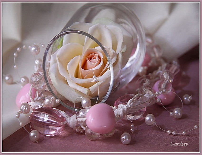 Delicate beauty, white, beads, beautiful, rose, pink, delicate, flower, pearls, glass HD wallpaper